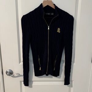 Lauren Ralph Lauren Navy Cable Knit Sweater with Gold Accents